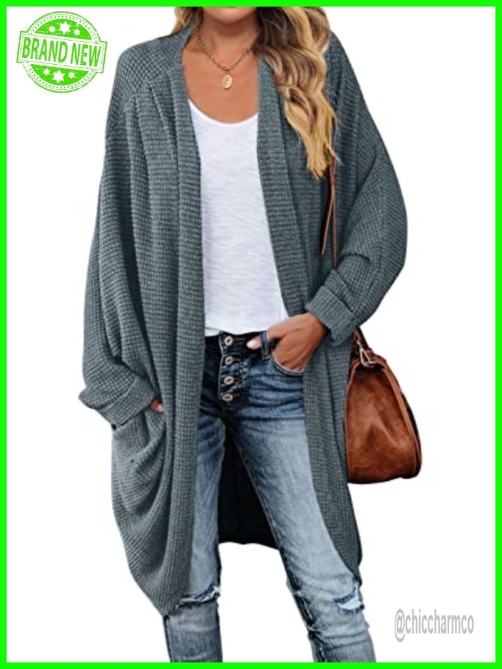 Oversized Waffle Knit Cardigan with Dolman Sleeves